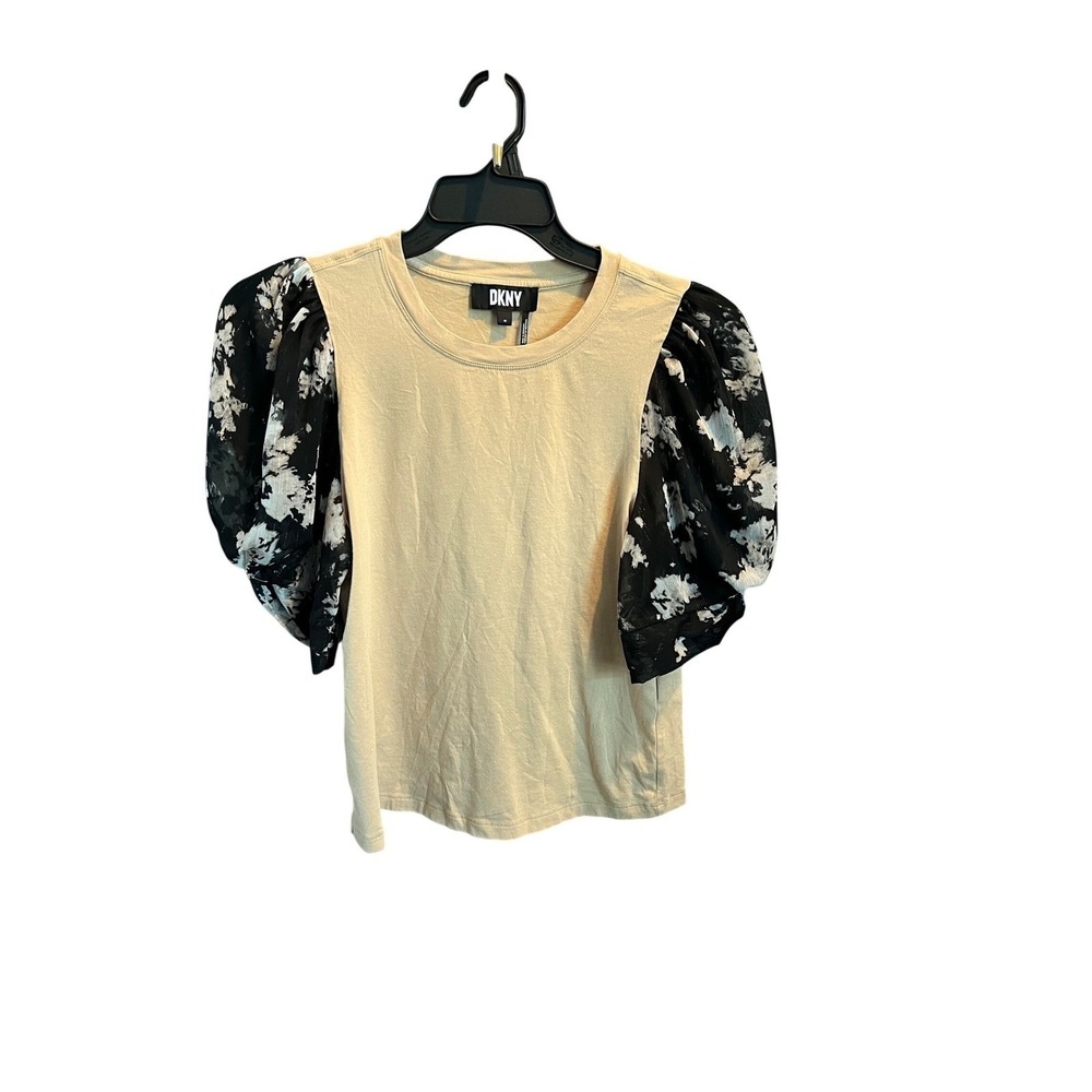 DKNY Womens Mixed Media Puff Sleeve Top Beige Black Floral Metallic P41HEOOJ M - Picture 1 of 7